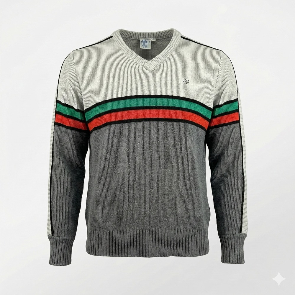 Vintage‎ 90s Ocean Pacific OP Weather Wear Sweater Youth XL Grey Striped V-Neck